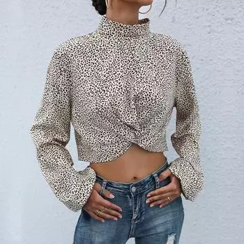 Модный и повседневный темпераментный топ для отпуска на раннюю осень с длинными рукавами, пуловер с высоким воротом и леопардовым принтом S хаки