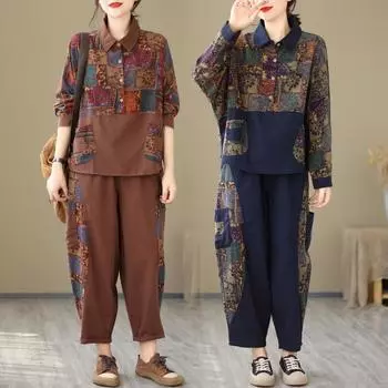 Модный и повседневный женский костюм-двойка из хлопка и льна с принтом XXXL темно-синий