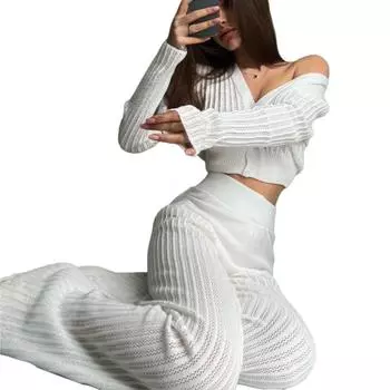 Модный и роскошный женский вязаный сексуальный полый топ и брюки, комплект из двух предметов. S белый