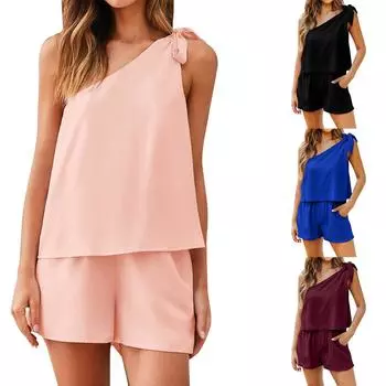 Модный и сексуальный костюм с наклонным вырезом, женский топ на одно плечо, широкие брюки с эластичной резинкой на талии, женский комплект из двух предметов L чёрный