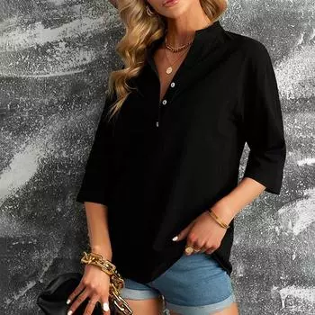 Модный и сексуальный женский новый летний однотонный повседневный пуловер, рубашка с рукавом пять четвертей, свободная рубашка большого размера L чёрный