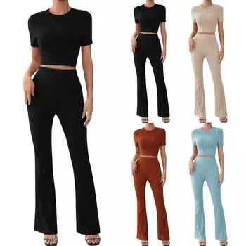 Модный и сексуальный женский повседневный однотонный вязаный брючный костюм с короткими рукавами и высокой талией L бежевый