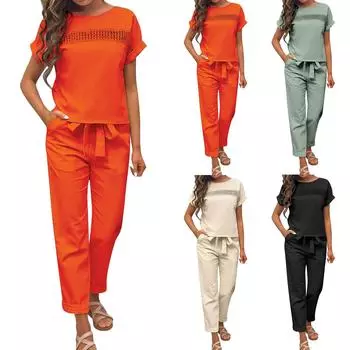 Модный и сексуальный женский весенне-летний льняной костюм в стиле ретро с эластичным поясом на талии, модный однотонный повседневный комплект из двух предметов M хаки