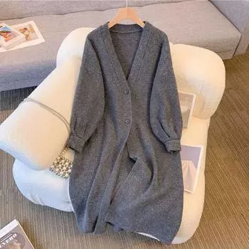 Модный и удобный длинный свитер-пальто со свободным вязаным кардиганом для женщин на осень L серый
