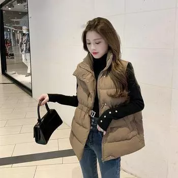 Модный и универсальный женский хлопковый жилет с воротником-стойкой и узкой талией для осени и зимы L хаки