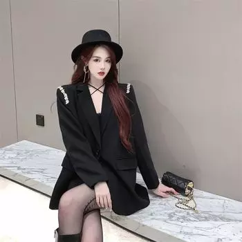 Модный и универсальный женский пиджак с блестящими стразами S чёрный