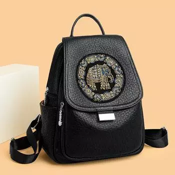 Модный индивидуальный женский рюкзак с изображением слона с горячим тиснением в этническом стиле, универсальная противоугонная сумка, модная сумка на плечо с заклепками для путешествий и шопинга чёрный