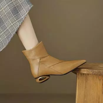 Модный иностранный стиль, каблук особой формы, застежка-молния, голые ботинки, французские ботинки для пригородных поездок с юбкой, узкие короткие ботинки для детей 34 коричневый