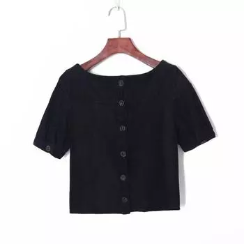 Модный K-стиль Элегантный Однобортный Свободный Круглый вырез Короткий рукав Black S