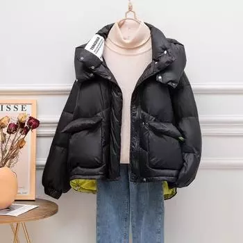 МОДНЫЙ карамельный цвет с капюшоном пуховик новый маленький свободный короткий белый утиный пух хлеб модная одежда One size чёрный