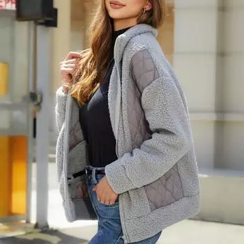 Модный кардиган с длинным рукавом на молнии, плюшевая женская куртка в стиле пэчворк S серый