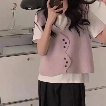 Модный кардиган, свитер, жилет для женщин 2023, зима и осень, трикотажная ткань на пуговицах, короткий кардиган без рукавов с v-образным вырезом One Size чёрный