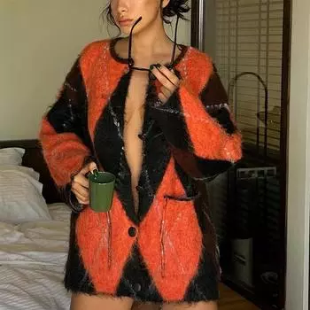 Модный клетчатый кардиган контрастного цвета для женщин с круглым вырезом и длинными рукавами, осенний свободный однобортный трикотаж с карманами S