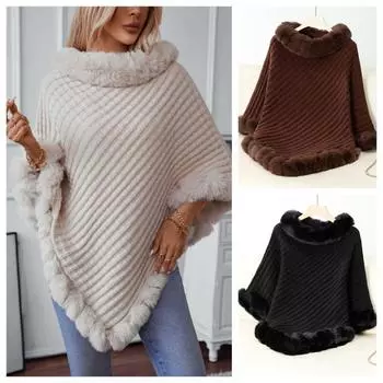 Модный клетчатый полосатый искусственный меховой пуловер накидка пальто женское осень зима вязаный пончо накидка накидка для путешествий досуг вечеринка шаль F абрикосовый