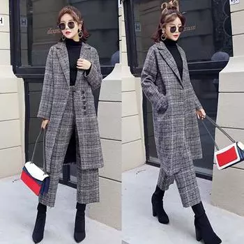 Модный клетчатый шерстяной костюм-двойка с длинным блейзером и широкими брюками для женщин M
