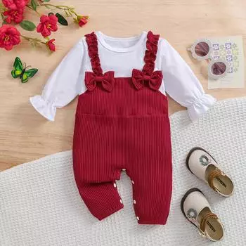 Модный комбинезон из двух частей с бантом и искусственным узором для девочки, красный, с длинными рукавами, из хлопка 1-3M