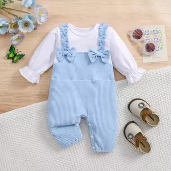 Модный комбинезон из двух частей с бантом и искусственным узором для девочки, однотонный, с длинными рукавами, из хлопка 1-3M синий