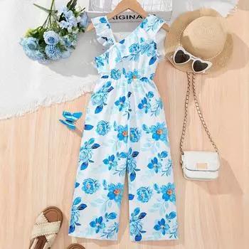 Модный комбинезон с цветочным принтом для девочек, летний повседневный комбинезон для детей 1-2Y светло-синий