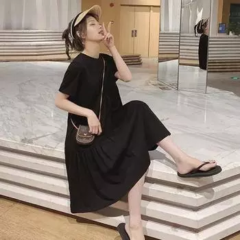 Модный комплект для беременных на лето 2023 года: Платье-футболка в складку с юбкой средней длины M (80-105 jin)