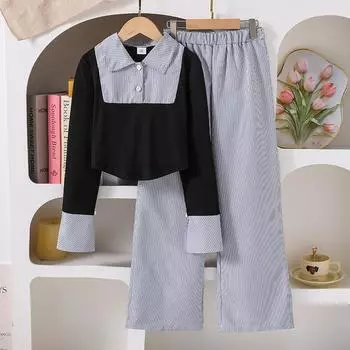 Модный комплект для девочек 2025 Осень Детский повседневный комплект в стиле ретро с цветными блоками и полосками: топ с длинным рукавом и брюки широкого кроя 130cm=8Y чёрный