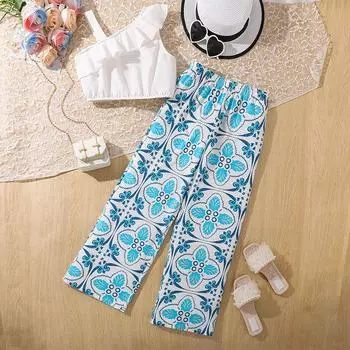 Модный комплект для девочек, летние детские повседневные брюки с принтом и топом с диагональной бретелькой через шею 130cm=8Y белый