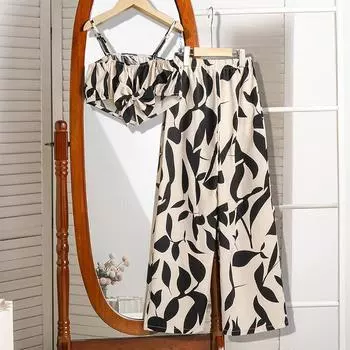 Модный комплект для девочек, летний детский комплект из двух предметов: топ и брюки с милым принтом 130cm=8Y чёрный