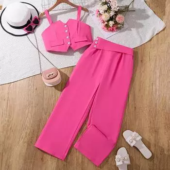 Модный комплект для девочек, летний детский топ-халтер с высокой талией, широкие брюки, комплект из двух предметов 130cm=8Y розы красного