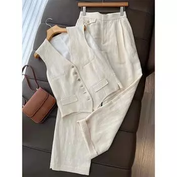 Модный комплект для женщин, элегантный жилет без рукавов, широкие брюки, летние офисные женские комплекты из двух предметов XL бежевый