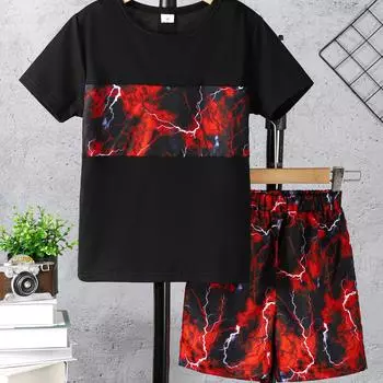 Модный комплект из 2 футболок и шорт для мальчиков — яркий цифровой принт с молниями, удобная эластичная талия, крутой круглый вырез для активных летних игр 100