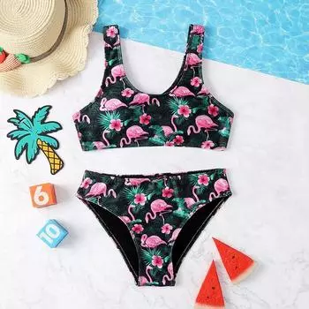 Модный комплект из 2 предметов для девочек-подростков, комплект купальников бикини, майка с принтом фламинго и трусы, купальник, детский купальный костюм танкини 130