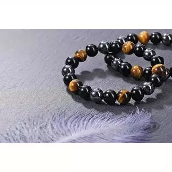 Модный комплект из 2 предметов/комплект из натуральных круглых бусин из драгоценных камней для мужчин и женщин, браслет на удачу, исцеление и защита, обсидиан, тигровый глаз, камень 10 мм чёрный