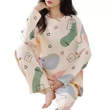 МОДНЫЙ комплект из 2 предметов/комплект, свободная пижама с круглым вырезом, длинным рукавом и средней посадкой, эластичный пояс, для девочек, пуловер с принтом из мультфильмов, блузка, длинные брюки M бежевый