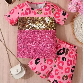 Модный комплект из 2 предметов с леопардовым принтом SMILE для девочек — очаровательный комплект из топа с короткими рукавами и шорт для повседневного летнего веселья! 100