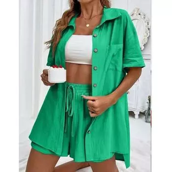 Модный комплект из 2 предметов с широкими шортами, летний женский комплект из рубашек, комплект из двух предметов с коротким рукавом 2024 года, повседневная длинная блузка с карманами, свободные наряды 26296 S зелёный