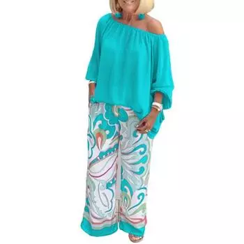 МОДНЫЙ комплект из 2 предметов, женская блузка и брюки, эластичный комплект с открытыми плечами, повседневный шикарный эластичный наряд с талией, женская одежда S светло-синий