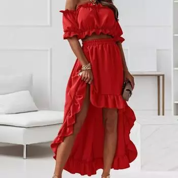 МОДНЫЙ комплект из 2 предметов, женская юбка, однотонный, с оборками, без плеч, дышащий мини-топ, летний комплект для выпускного вечера S синий