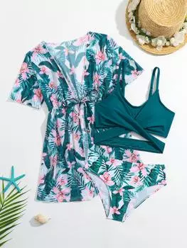 Модный комплект из 3 предметов для девочек, купальный костюм с цветочным принтом, однотонный топ, трусы и купальник с короткими рукавами, детский купальный костюм на шнуровке 110 зелёный