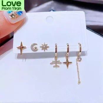 Модный комплект из 6 серег-колец в виде луны и звезды, геометрические серьги-кольца в виде самолета для женщин, ювелирные изделия золотой