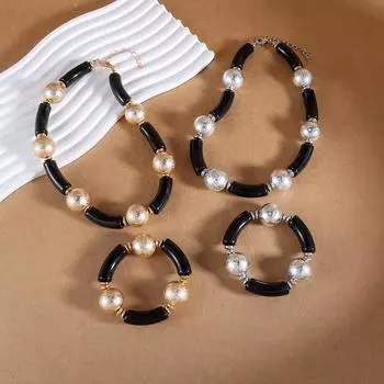 Модный комплект из бамбуковых бусин с крупными бусинами и браслетом-колье золотой