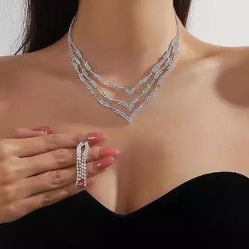 Модный комплект из блестящих серег и ожерелья со стразами, комплект из 2 предметов, ожерелье и серьги в стиле «Темперамент»