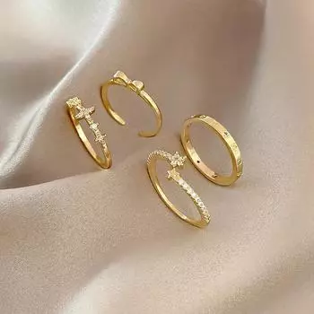 Модный комплект из четырех колец от блогера Xiaohongshu: Элегантные и простые узоры для указательного пальца, вдохновленные интернет-знаменитостями. J540 золотой