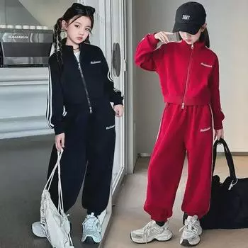 Модный комплект из двух частей: кардиган и джоггеры для девочек на весну и осень 130cm чёрный