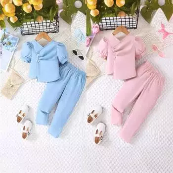 Модный комплект из двух предметов с короткими рукавами и брюками для девочек от 3 до 8 лет, детский топ со сложенными штапельными пуговицами и жемчужными пуговицами 3Y розовый