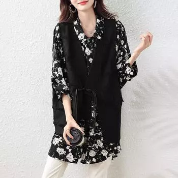 Модный комплект из двух предметов: жилет с V-образным вырезом на пуговицах и топ с длинными рукавами и цветочным принтом для женщин больших размеров с ретро-стилем и элегантным темпераментом L чёрный