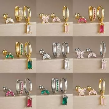 Модный комплект из сережек-колец с подвеской-бабочкой из циркония для женщин, маленькие квадратные серьги Huggies из нержавеющей стали, украшения для пирсинга aretes