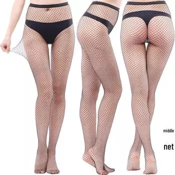 Модный комплект из сетчатых носков и рваных джинсов: Эластичная сетка с фиксатором на носке и белый комбинезон Large mesh jumpsuit чёрный