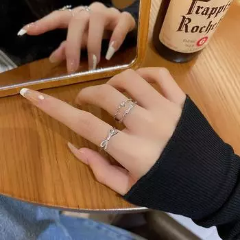 Модный комплект колец с регулируемым бантом и цирконием для женщин J676 серебряный