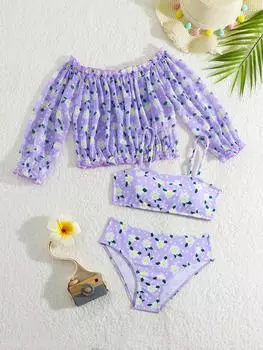 Модный комплект купальников для девочек из 3 предметов, на шнуровке, с длинными рукавами, купальник-накидка, купальный костюм 110 фиолетовый