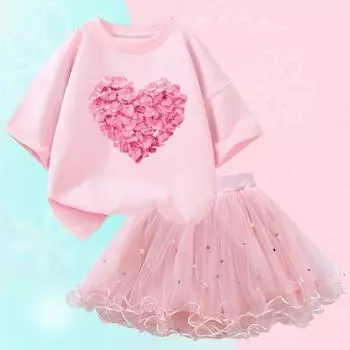 Модный комплект летней одежды для девочек, футболка с короткими рукавами и юбкой-пачкой с изображением фламинго, комплект из 2 предметов, детская праздничная одежда 6T(130cm)