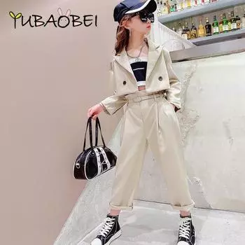 Модный комплект одежды для девочек на весну и осень, уличный пиджак, укороченный пиджак + брюки, комплект из 2 предметов для детей 120 хаки